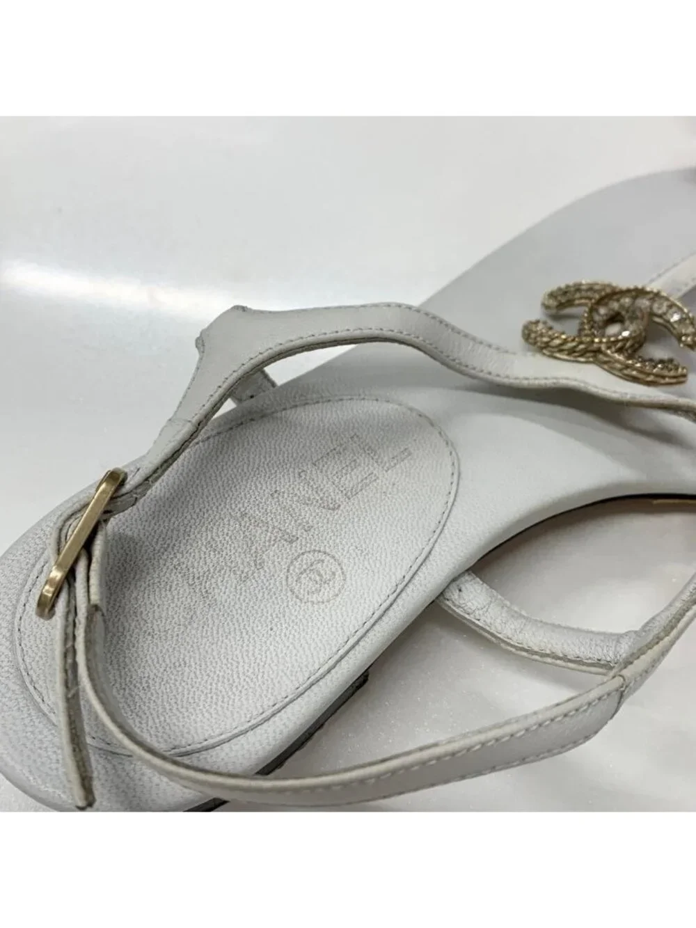 Chanel CC Logo Leather Line Stone Strap Thong Sandals